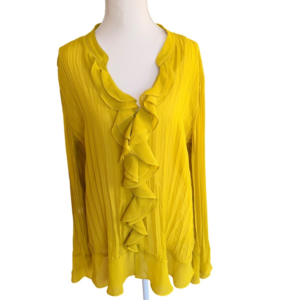 Style&co Womens 18 Chartreuse Yellow Pleated Ruffle‎ V-Neck Bell Sleeve Blouse - Picture 3 of 5